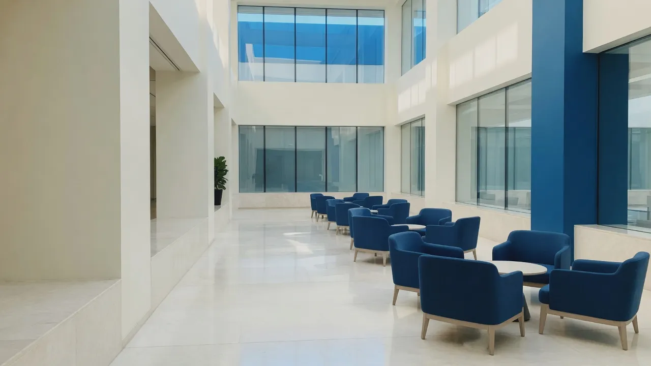 A bright modern conference-center lounge
