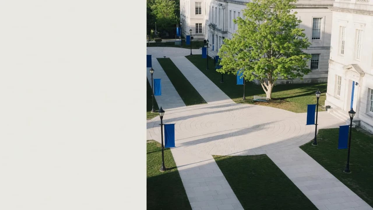 A university quad with paths converging on a central plaza