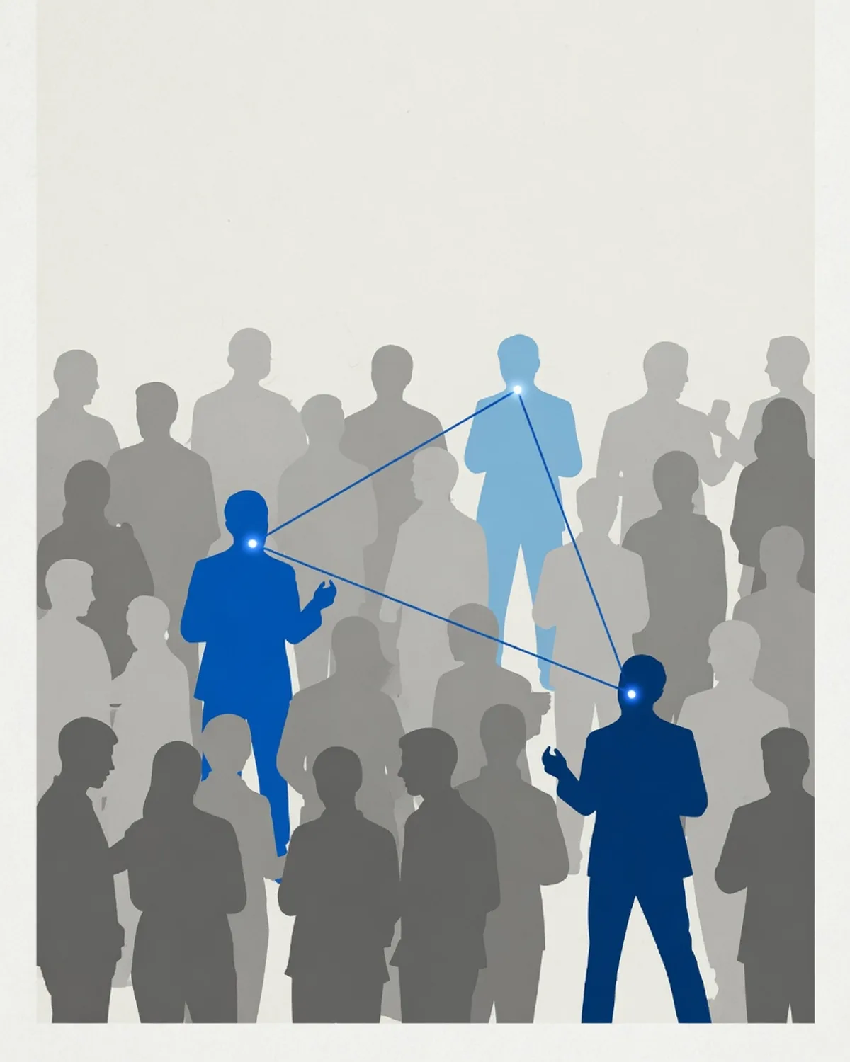 A room of grey silhouettes — three people in blue, connected as a triangle