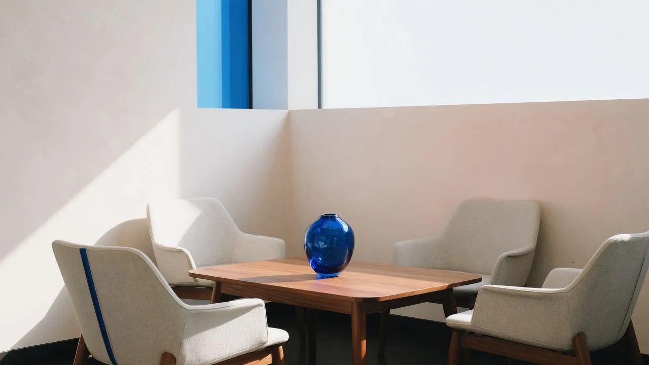 A bright lobby conversation nook set for a small group