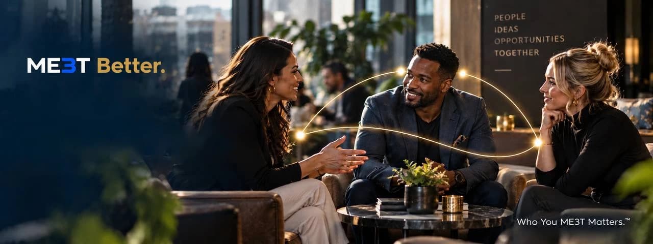 ME3T Better. Three people deep in conversation in a warm lounge. Who you ME3T matters.
