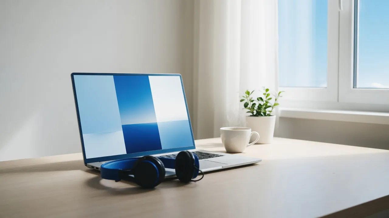 A laptop on a bright desk, its screen split into three panels of light